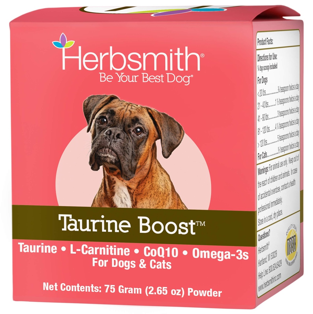 Herbsmith Taurin Boost - Srdeční a srdeční podpora pro psy a kočky - Taurin dodatek pro zdraví psů a koček - s CoQ10, Taurin a L- karnitin pro psy - 75g
