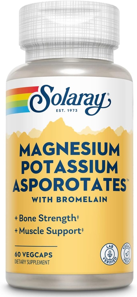Solaray Magnesium a kalium Asporotates w / Bromelain, Zdravý elektrolyt, Svalovina, Srdce a buněčná podpora, 60 VegCaps
