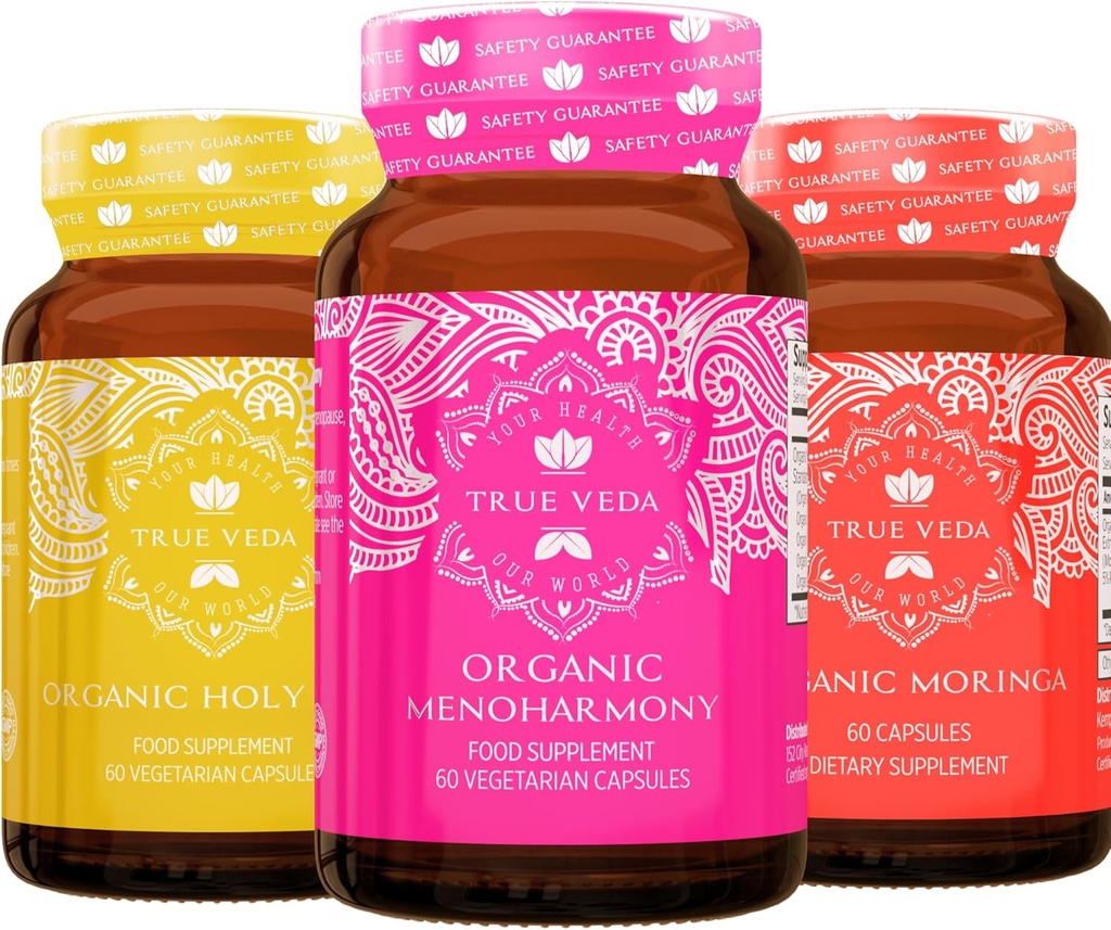 True Veda Menopauza Bundle USDA Organic CLANE124; Multi-Award-Winning CLANE124; Organic Moringa CLANE124; Organic Holy Basil with Vitamin B6 CLANE124; Organic MenoHarmony Capsules