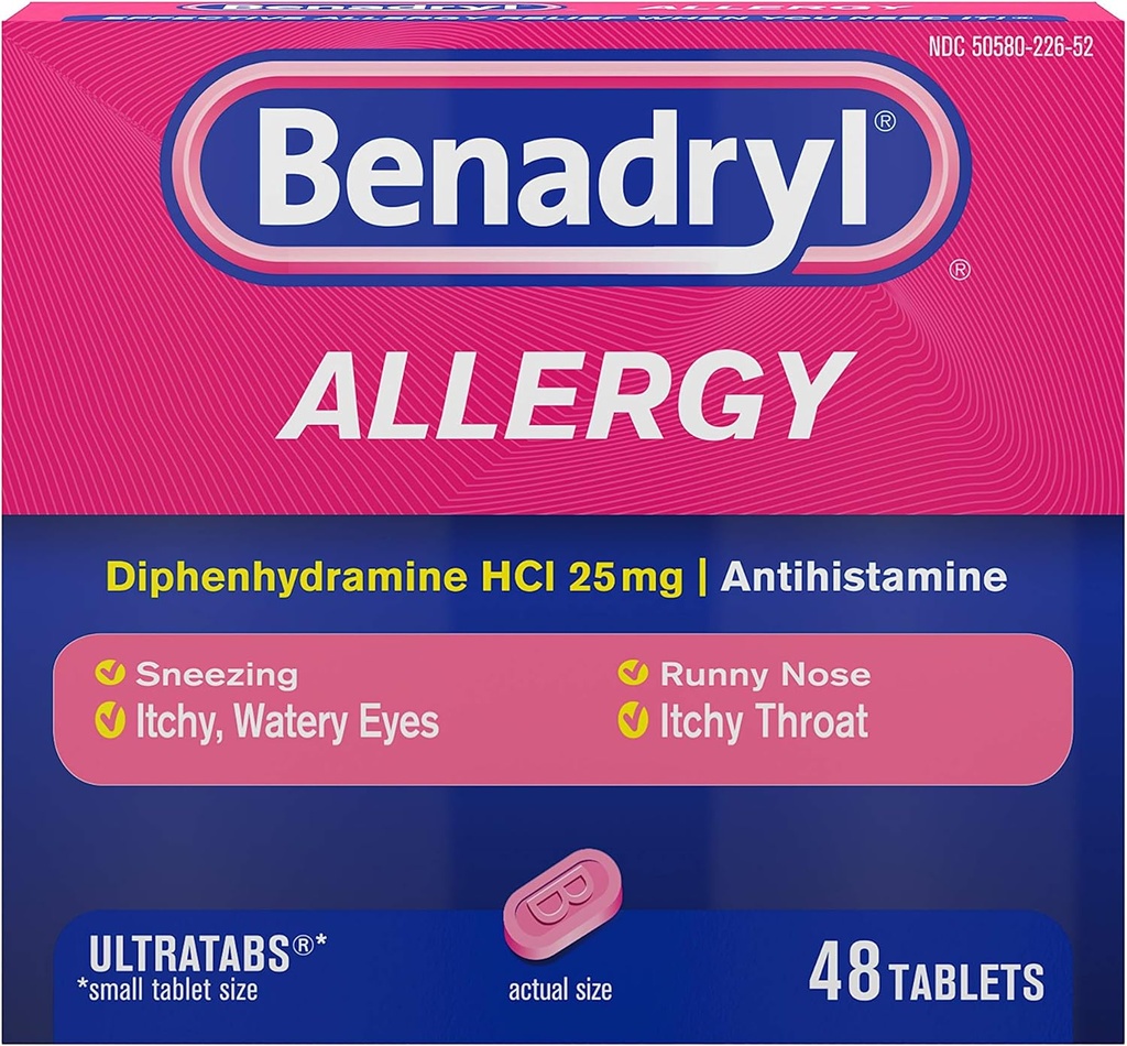 Benadryl Ultratabs Antihistaminika Alergie Medicína, Difenhydramin HCl Tablety, 48 ct