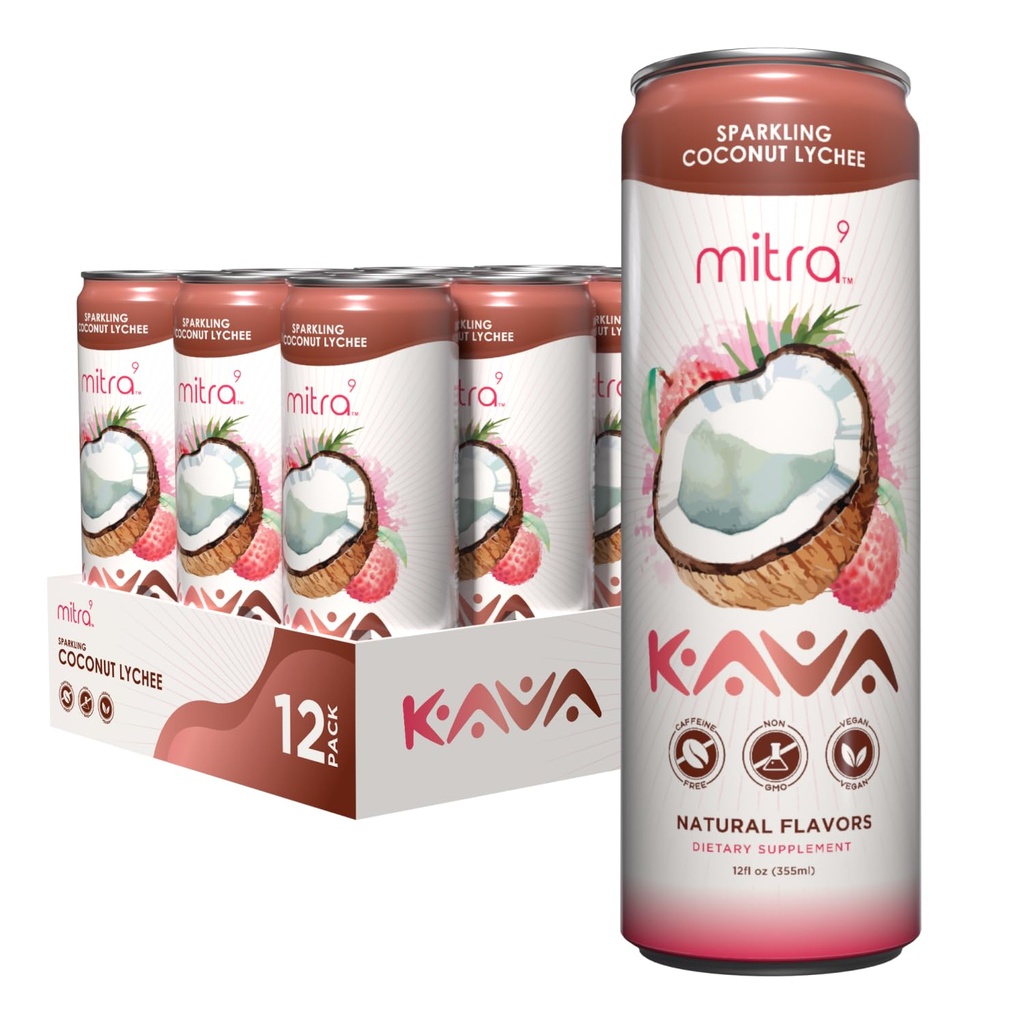 MITRA-9 Botanické nápoje - Kokosový lychee Sparkling Kava Drink with Kava Root Extract - Mood Enhancer - Plant based - Promotes Natural Calm & Clarity (12 Fl. Oz) (12)