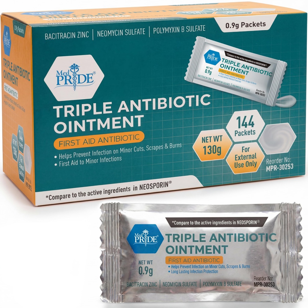 MED PRIDE Triple Antibiotic Ointment Packets Bulk 144 X 0.9g, Individual Antibiotic Ointement Packets for Burns, Cuts, Wound Care