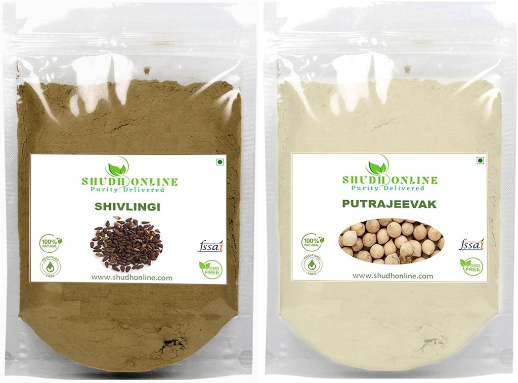 Shudh Online Sivalingi a Putrajivak Seed Powder Combo (100 gramů každý), Putrajeevak a Shivlingi Beej prášek, Putrijivak, Putr Jivak, Shivalinga, Shivling