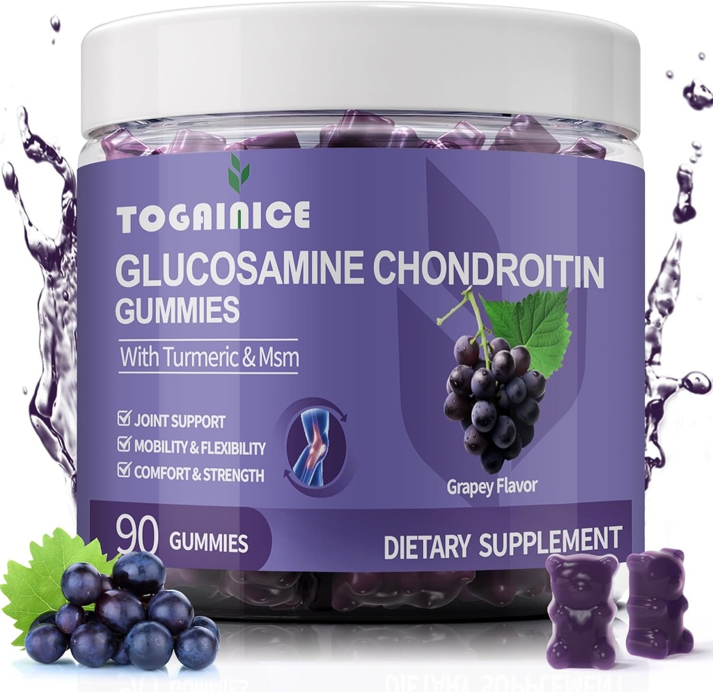 Glucosamine Chondroitin Gummies Sugar Free, Extra Strength 1500mg Glucosamine s MSM & Turmeric, Společná podpora Gummies doplňky pro muže a ženy, pro společnou flexibilitu a zdraví kostí, 90 Počet V01