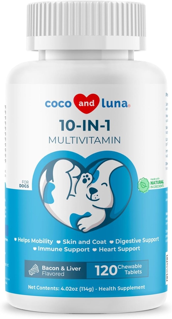 10 z 1 Multivitamin pro psy - 120 Žvýkací tablety s Glucosamine a Chondroitin - Fish Oil & Vitamíny s Coq10 pro kůži a srdce, Gut & Imunitní podpora