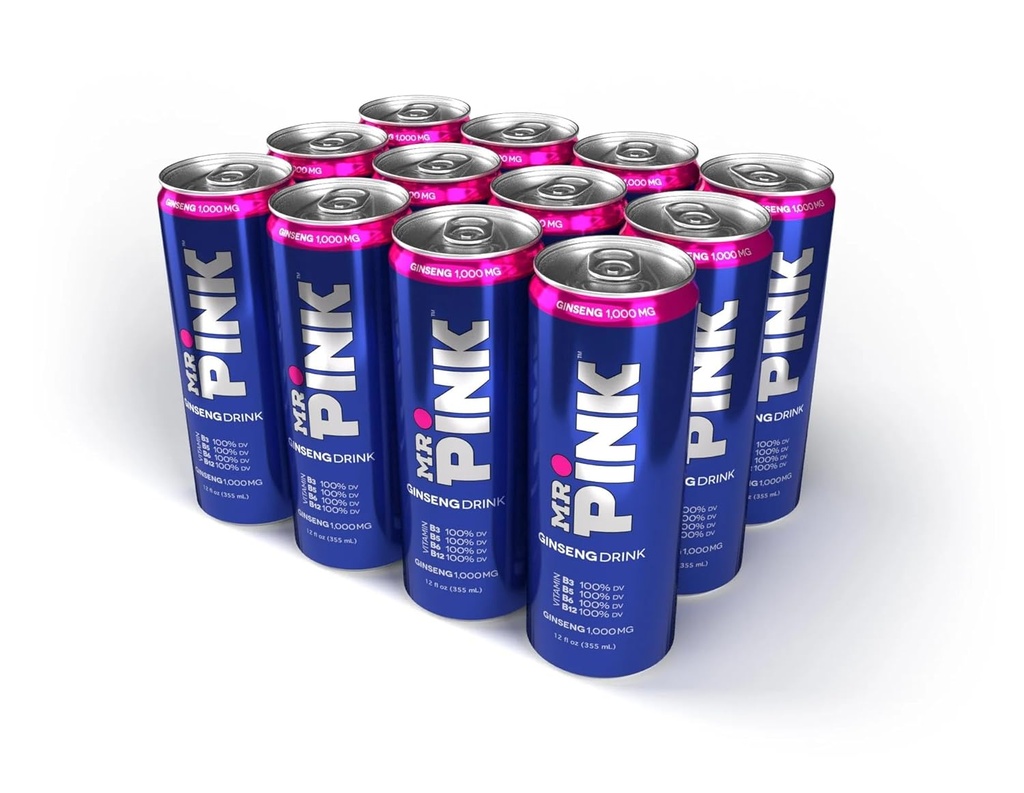 Mr. Pink Original Ginseng Drink - Přírodní bylinný doplněk pro energii a focus, 12-Pack Liquid Boost, bohaté na B-Vitamíny