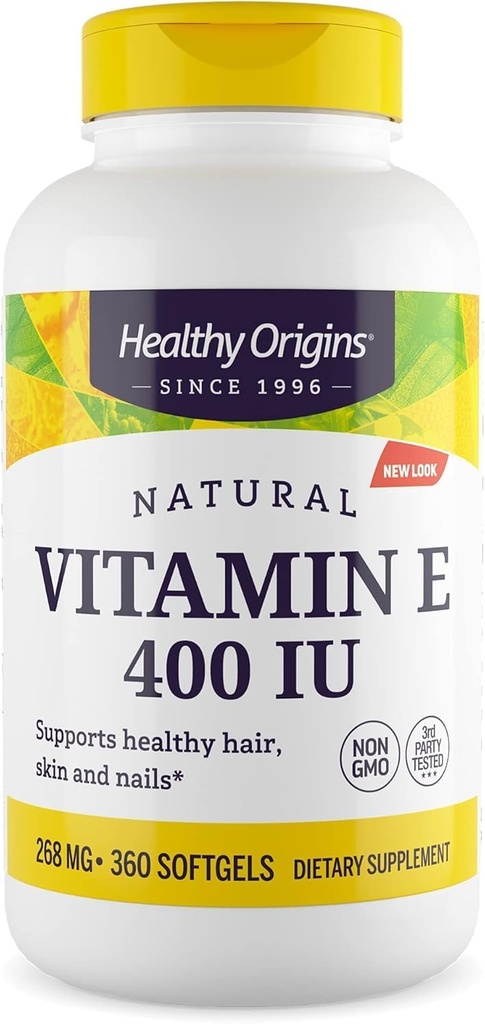 Zdravý původ vitaminu E 400 IU (přírodní, non-GMO, gluten zdarma, kožní podpora, kardiovaskulární podpora), 360 Softgels