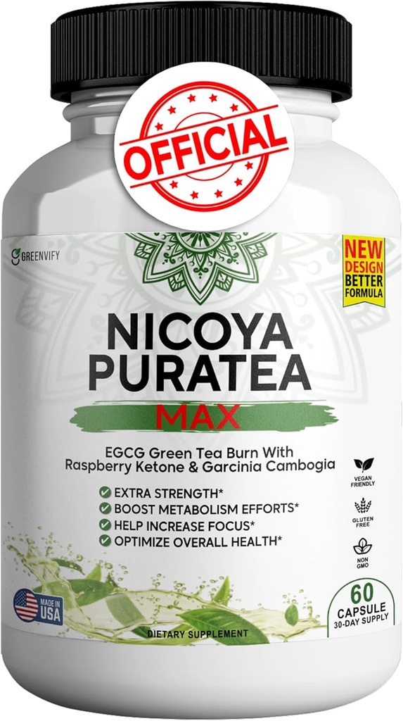 Nicoya PuraTea Max Green Tea Extract & Green Coffee Bean pro podporu metabolismu, Natural Energy Boost, Antioxidant- Bohatý dodatek - 60 Kapsle