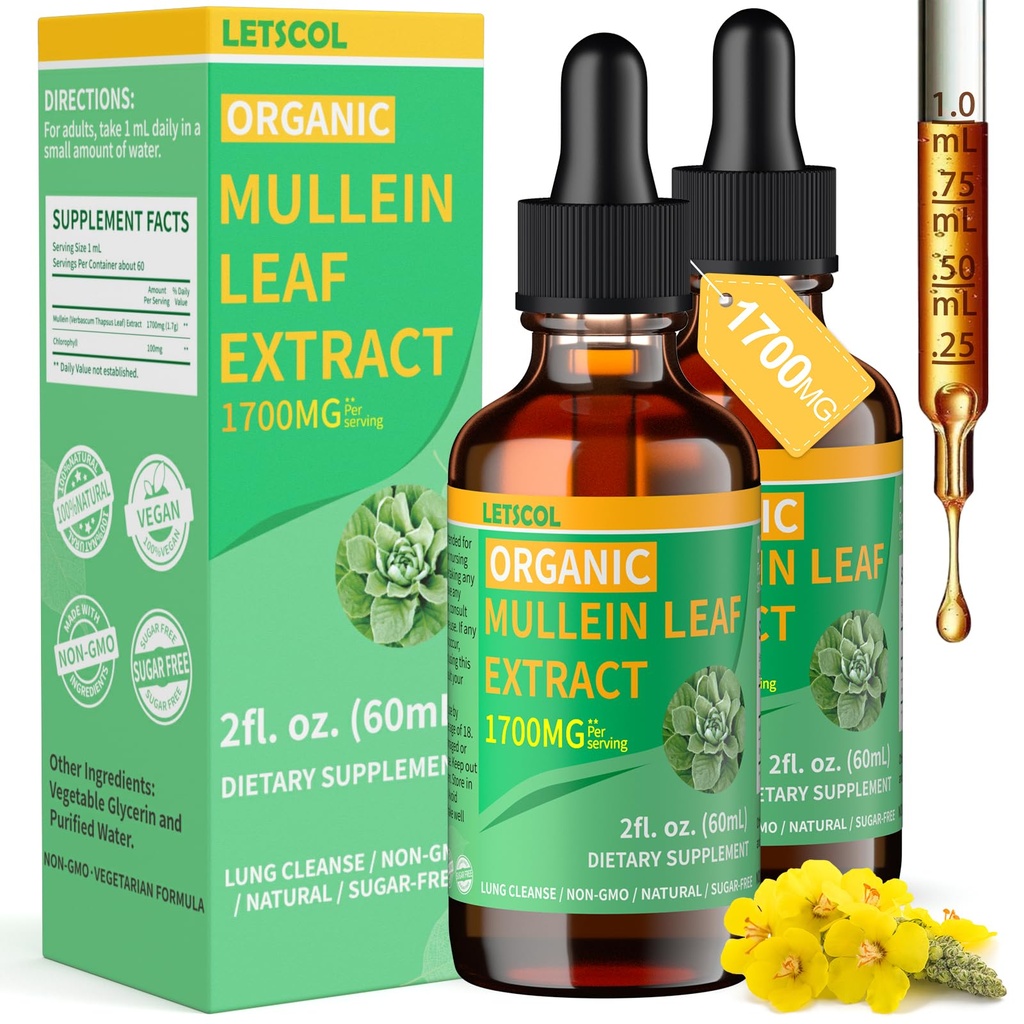 Organic Mullein Drops for Lung Cleanse, Powerful 1700mg Mullein Leaf Extract for Immunication & Respirative Supplementary, Natural Mullein Doplněk Tincture Drops Non- GMO & Vegan, 2 Fl Oz