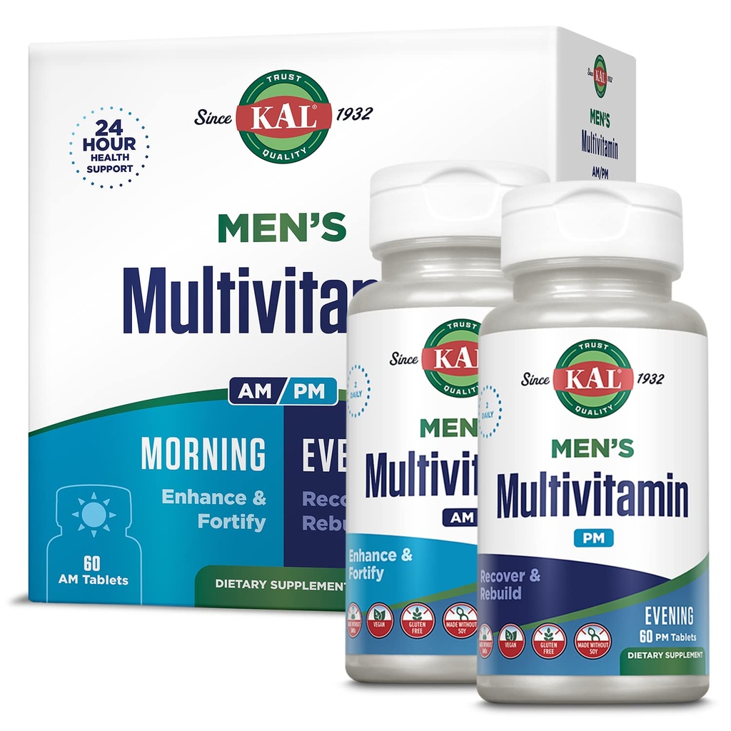 Kal Men 's Multivitamin AM / PM, Antioxidanty dodatek, Svalová, Imunitní, Elektrolytová rovnováha, Celková Wellness podpora, Made Without GMO and Soy, Vegan, 30 Servings, 120 Tablety