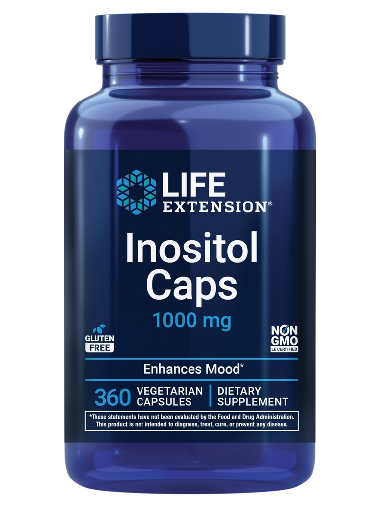 Life Extension Inositol Caps - 1000 mg, Myo- Inositol - Mood Health, Well- Being, Zdravý metabolismus, Hormon Balance - Gluten- Free, Non- GMO, Vegetarian - 360 Kapsle