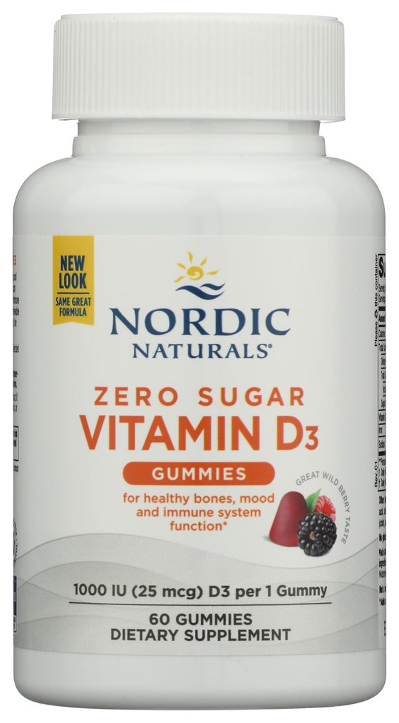 Nordic Naturals Nulový cukr Vitamin D3 Gummies, Wild Berry - 60 Gummies - 1000 IU Vitamin D3 - Skvělá chuť - Zdravé kosti, nálada a imunitní systém Function - Non- GMO - 60 Servings