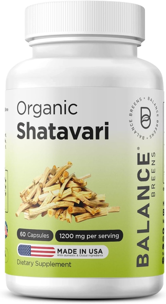 Organic Shatavari 1200mg, 60 Kapsle - Kojení Podpora vitamínů, Hormonální rovnováha pro ženy, Chřest Racemosus Root