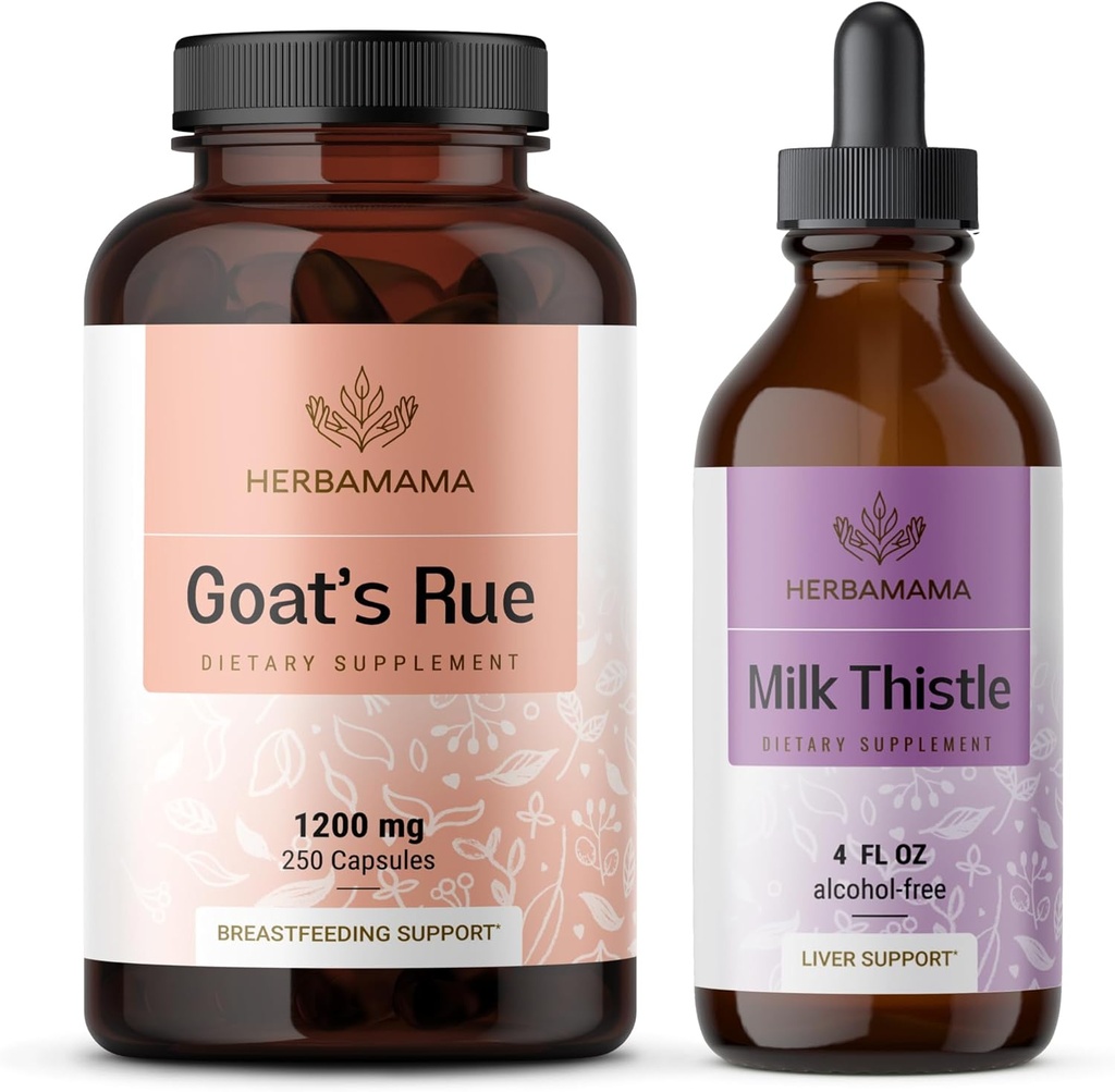 HERBAMAMA Goat 's Rue and Milk Thistle Kit - Bundle of 1200 mg Goat' s Rue Capsules & Milk Thistle Jaterní Detox Drops 4 fl oz - Vegan, Non- GMO, Sugar & Alcohol- Free - 2 Pack