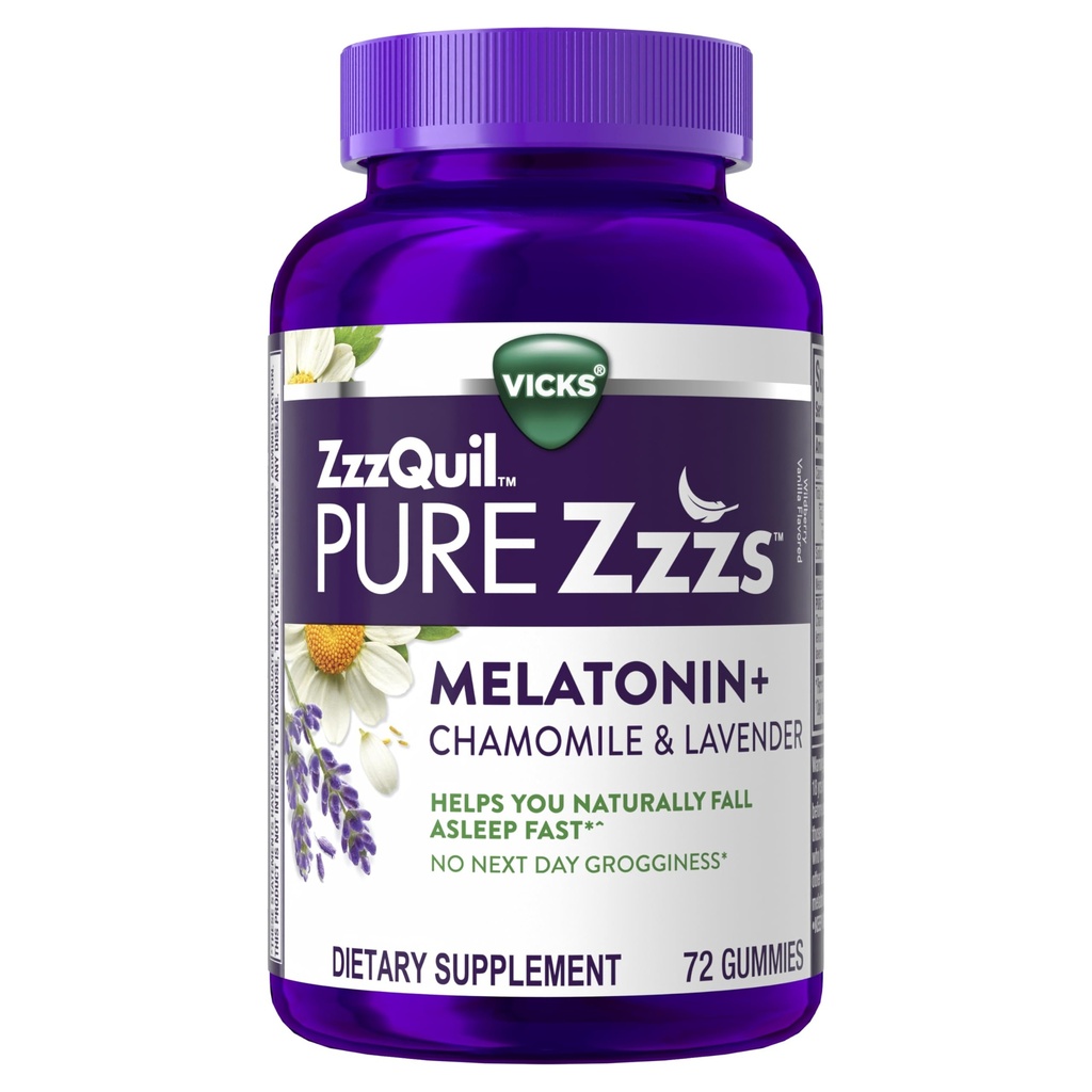 ZzzQuil PURE Zzzs Melatoninové gumy, spánková pomoc, Melatonin 2mg, s heřmánkem a levandulí, melatoninové spánkové gumy, spánkové pomůcky pro dospělé, Wildberry Vanilla ochucené, 72 Spánkové gumy