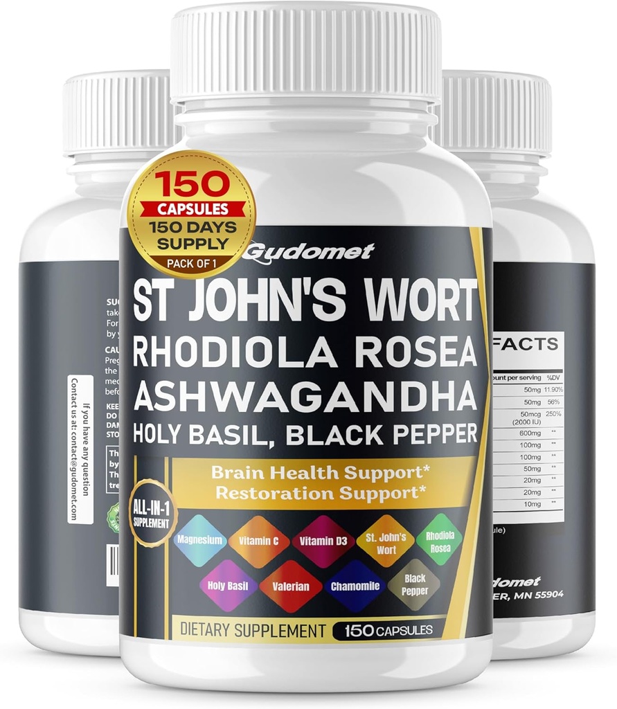St. John 's Wort Rhoddiola Rosea Ashwagandha Holy Basil Valerian Heřmánek Black Pepper - 150 Kapsules - Made in USA