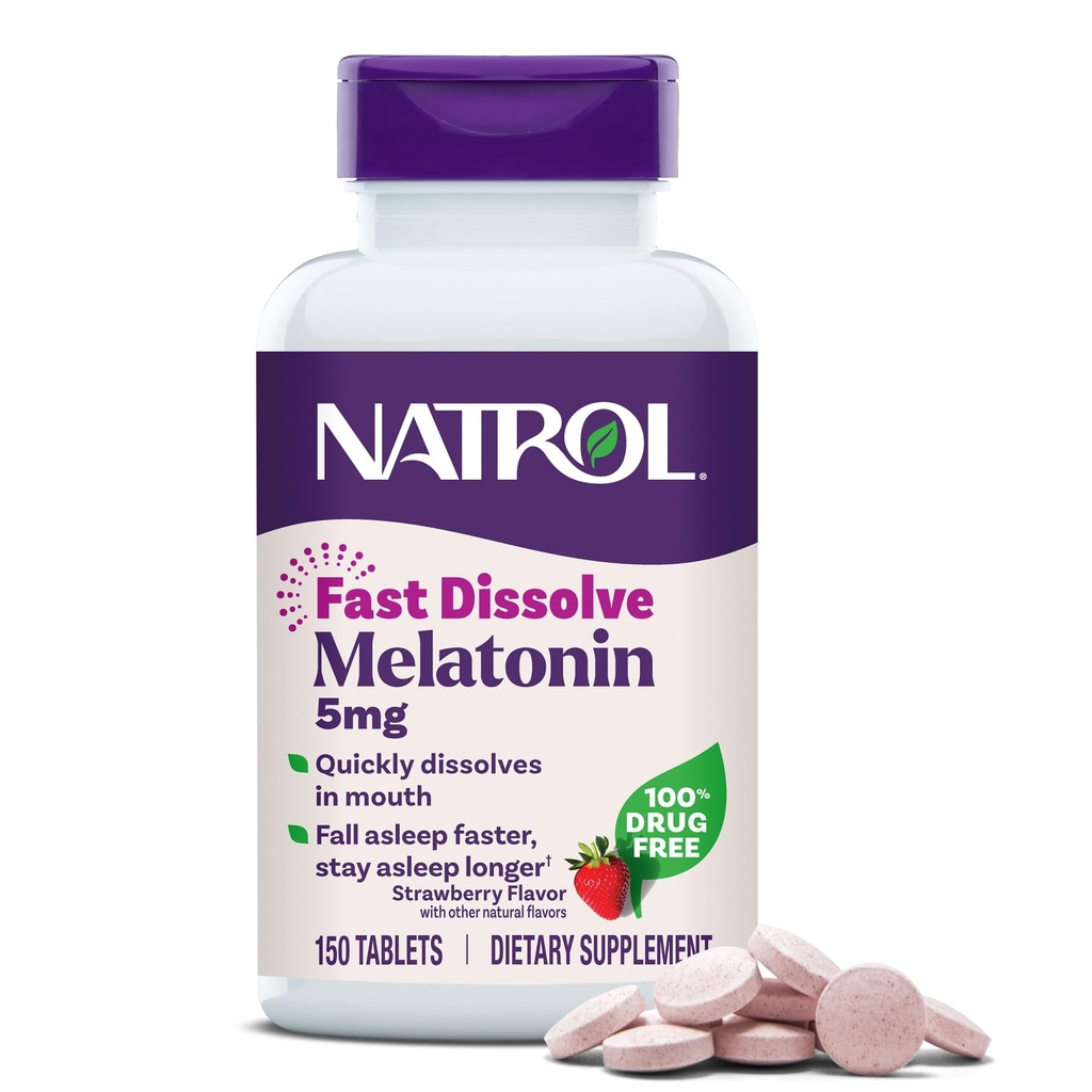 Natrol Melatonin 5mg Fast Disolt Tablety, Podpora spánku doplňky pro dospělé, Strawberry Flavor, 150 Tablety, Až 150 Den Dodávka