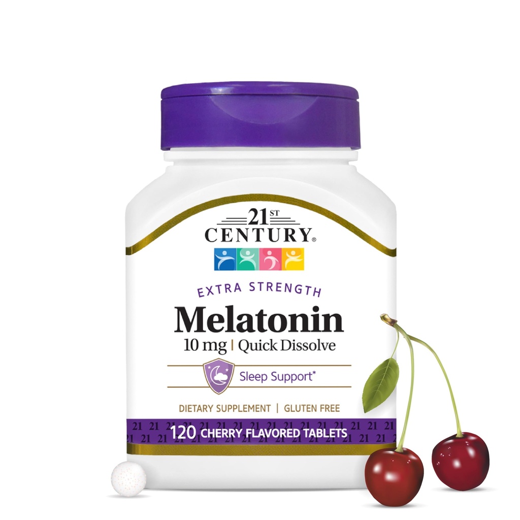 21. Století Melatonin 10mg Extra Síla, 120 Počet, Rychlé rozpuštění spánkové pomoci pro dospělé, Podporuje relaxaci a klidný spánek, Non- Habit Forming, gluten- Free, Cherry Flavor