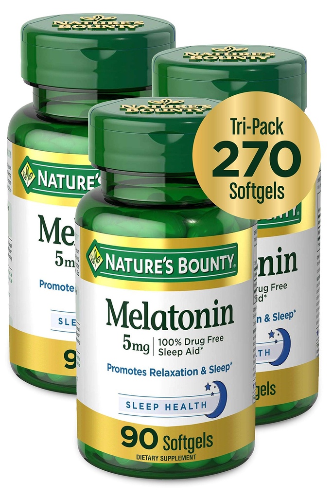 Nature 's Bounty Melatonin 100% Droga zdarma spánková pomoc, Dietní dodatek, Promotes Relaxation and Sleep Health, 5 mg, 90 Počet, Balení 3