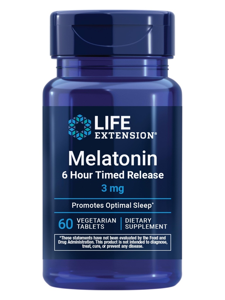 Life Extension Melatonin 6 hodin Načasovaná verze, 3 mg, Extended -Release Formule pro optimální podporu spánku, Zdravé cirkadiánní ratmy, Cellular Defense, gluten- Free, Non- GMO, Vegetariánské, 60 Tablety