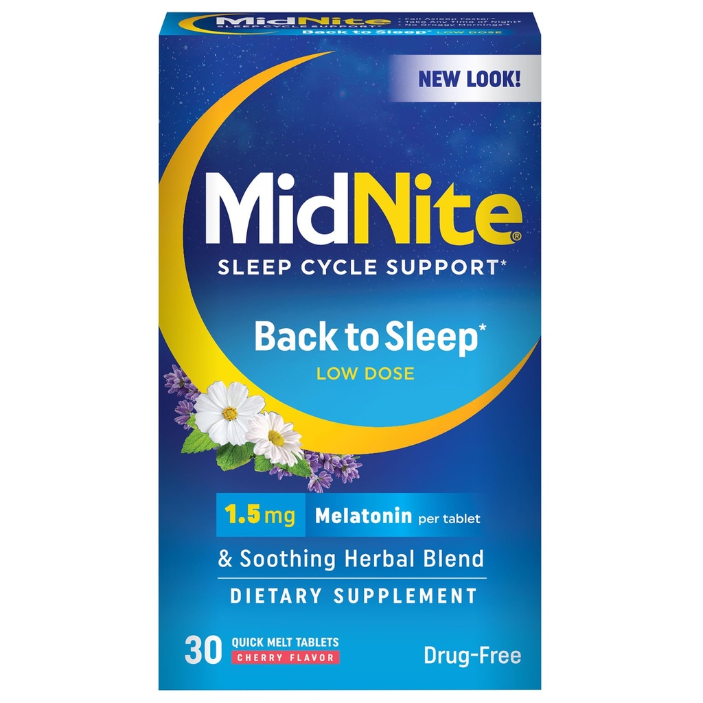 MidNite Zpět do spánku nízká dávka, 1,5 mg melatonin spánková pomoc, Non- Habit Forming, Bylinné dietní dodatek pro dospělé, Drog- Free, gluten- Free, Lactose- Free, Vegetarian, Vegan, 30 Rychlé tavení tablety