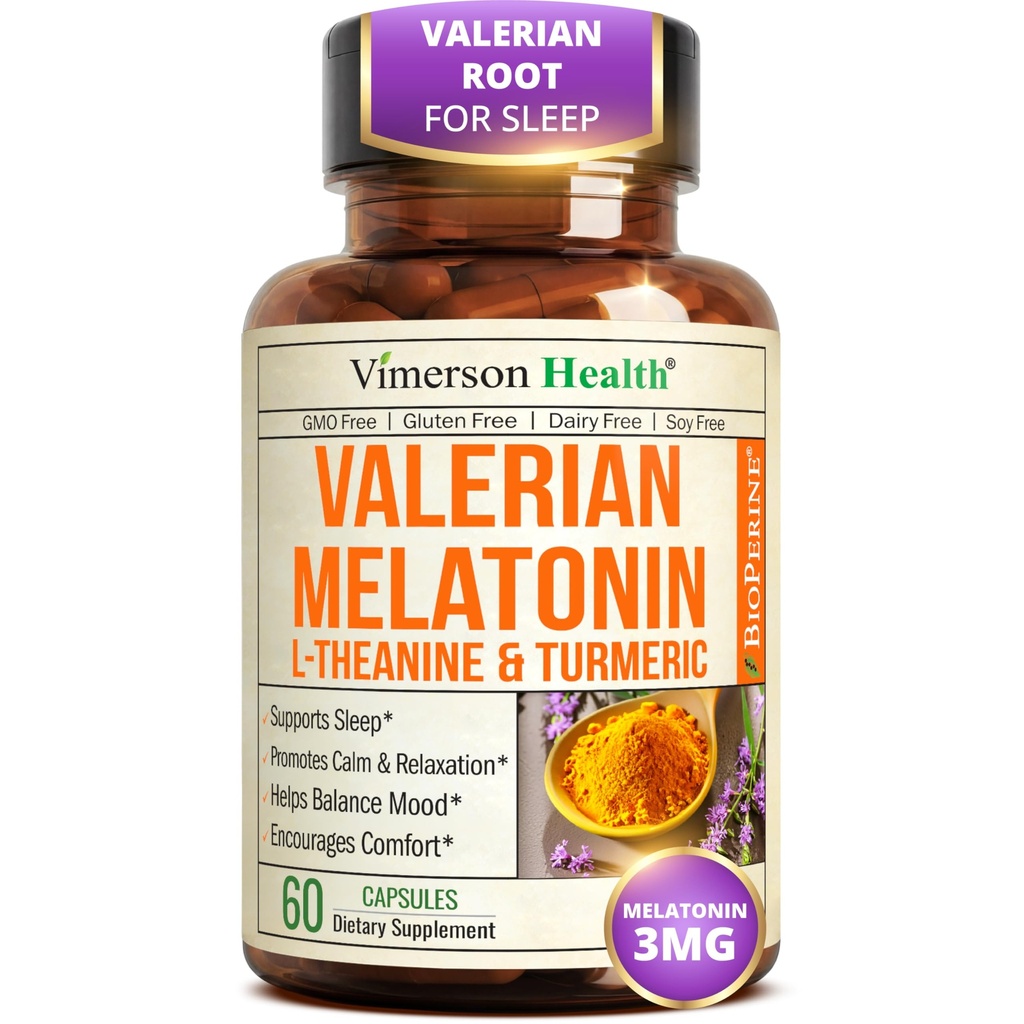 Melatonin 3mg pomoc při spaní s L- Theanine & Valerian Root - Kurkumin dodatek s Ginger & Black Pepper - Organic Turmeric dodatek pro spánek, klid a stres Podpora - 60 Kapsle