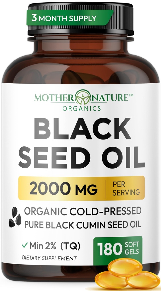Black Seed Oil Kapsle 2000mg Per Serving, Organic Cold Pressed Black Cumin, High TQ, Imunity & Joint Support, 180 Počet (3 měsíční dodávky)