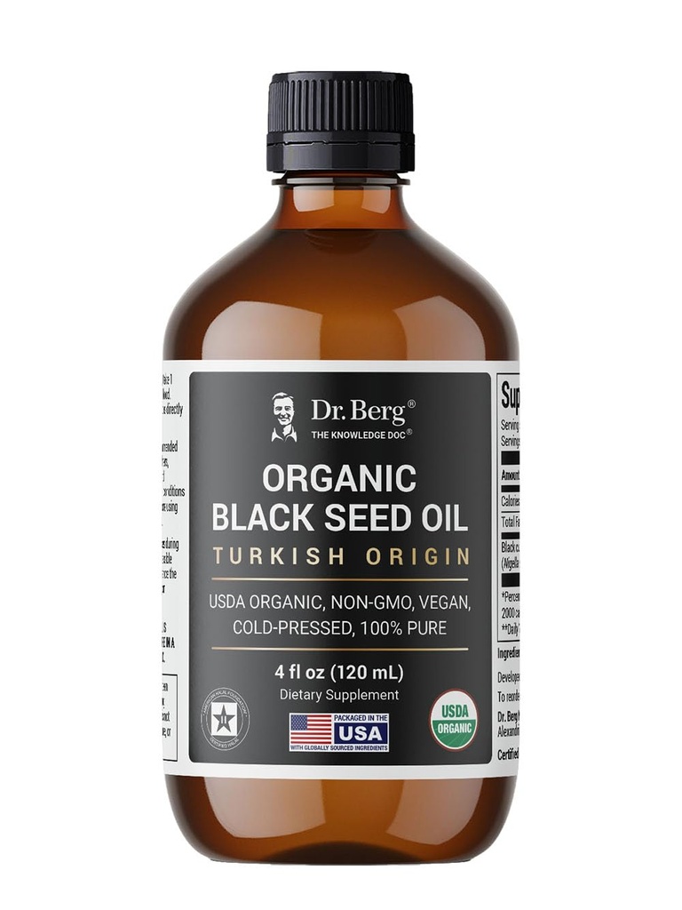 Dr. Berg Black Seed Oil Organic Cold Pressed - čistý Nigella Sativa Black Cumin Oil - USDA Organic, Halal, Vegan - pro vlasy, pleť, imunitní podpora - Nerafinovaná tekutina - 4 oz skleněná láhev