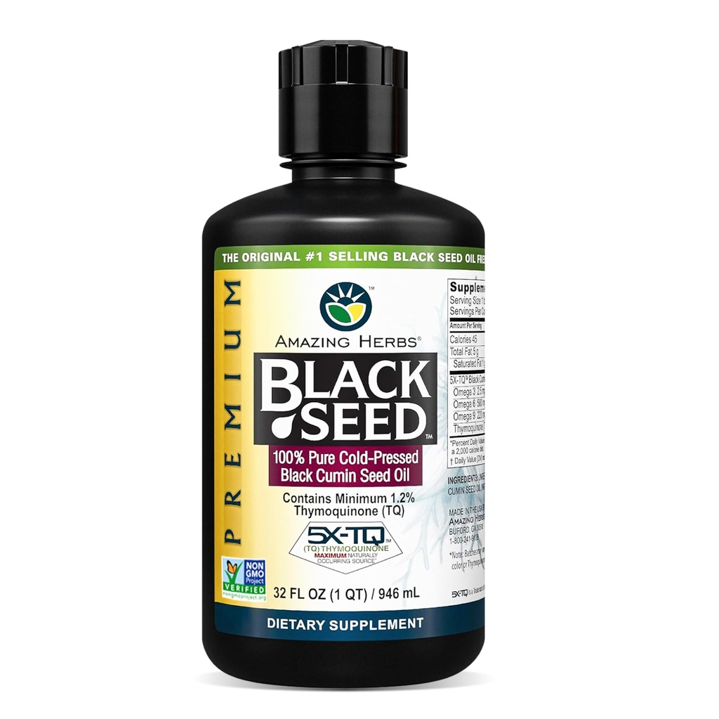 Úžasné Byliny Premium Black Seed Oil - Cold Pressed Nigella Sativa AIDS v trávicím zdraví, Imunitní podpora, Mozková funkce, Společná mobilita, Gluten Free, Non GMO - 32 Fl Oz