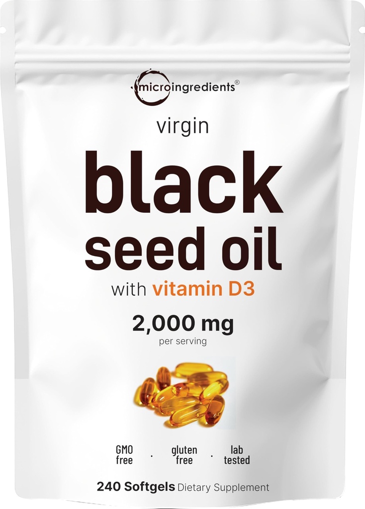 Micro Ingredients Black Seed Oil with Vitamín D3 1000 IU, 240 Softgels Oil 124; 2000 mg Black Seed Oil Per Serving Oil 124; Nigella Sativa Oil Oil Oil 124; 2- in-1 Nerafinovaný Seed Oil Formule 124; Non- GMO, cGMP Produced