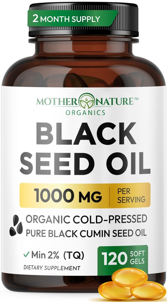 Black Seed Oil Kapsle 1000mg, Organic Cold Pressed Black Cumin, High TQ, Imunity & Joint Support, 120 Počet (2 měsíční dodávka)