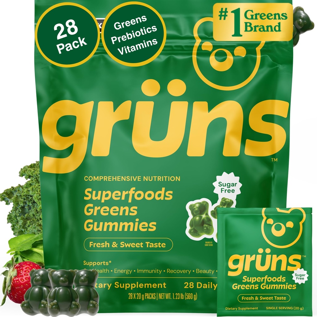 Gruns Adult Sugar- Free Super Green Multivitamin Gummies, Superfood Gummy Vitamíny pro ženy a muže s Spirulina, Chlorella, Adaptogens & Prebiotic Fiber pro stravovací zdraví (28 Počet)