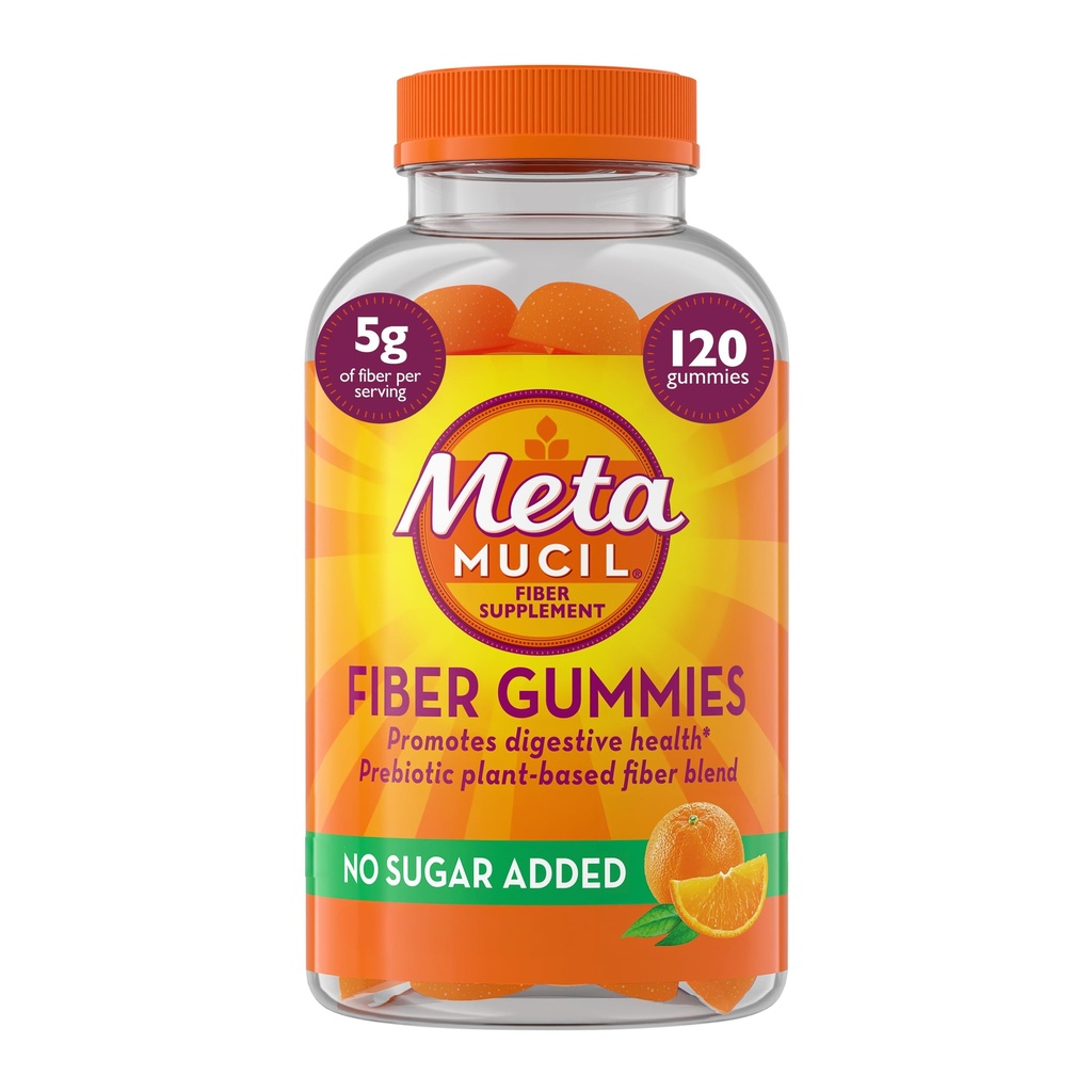Metamucil Fiber Gummies pro dospělé, No Cukr Přidáno Orange Flavor, 5g Prebiotic Plant Based Fiber Supplement Blend, 120 Počet