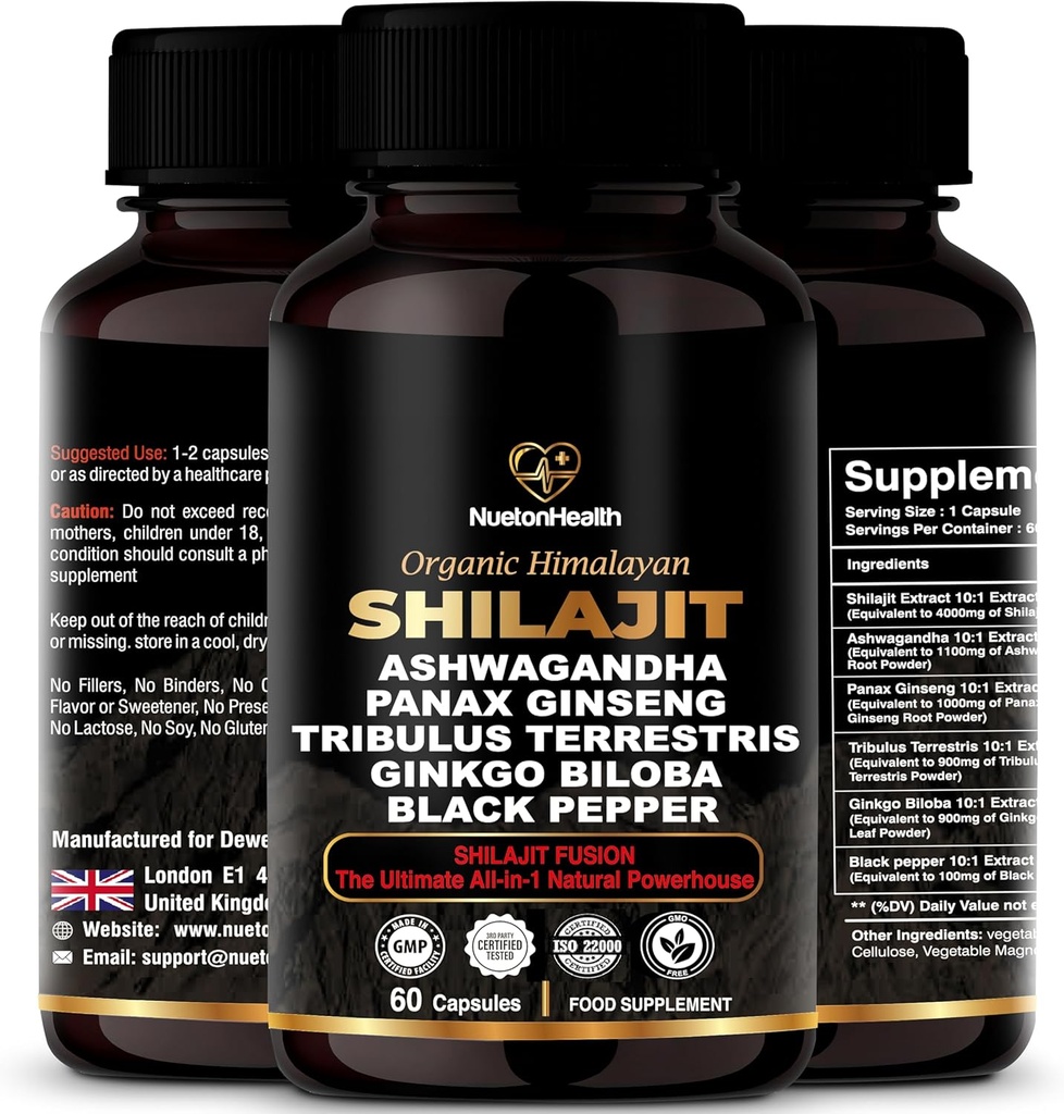 Himalayan Shilajit Kapsle s Ashwagandha, Ginseng, Tribulus, Ginkgo & Black Pepper - Vegan, gluten- Free Botanická směs pro denní Wellness & Vitality - 60 Kapsle
