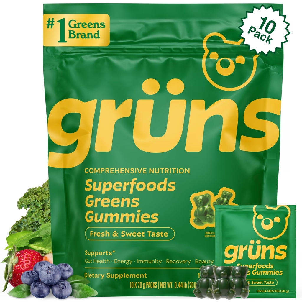 Gruns Dospělí Super Zelené Gummies, Multivitamin Superfood Gummy Medvědy, Spirulina, Chlorella, Prebiotika & Fiber Gummies pro stravitelné zdraví, Adaptogens dodatek, 20 Vitamíny & Minerály, 10 Počet