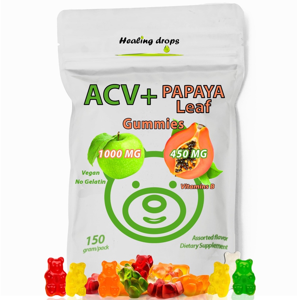 ACV Gummies & Papaya Leaf Extract Gummies - Premium Potent Apple Cider ocet dodatek - Jod Infused & Vitamíny B6 B12 - Trombocyty Vlasové kůže a srdce Friendly (1, Regular)