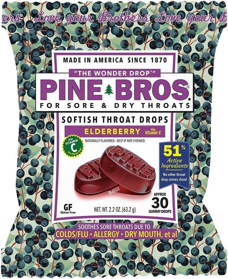 Pine Bros. Gummy Sore Throat Sofly Drops 30 Počet (přibližně) (Balení po 1, Bezinky)