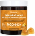 KINDNATURE Manuka Honey Medical Grade Gummies MGO 643 + - Nový Zéland Manuka Med se zinkem, Vitamin C, Elderberry - Krční komfort a imunitní podpora - Děti a dospělí
