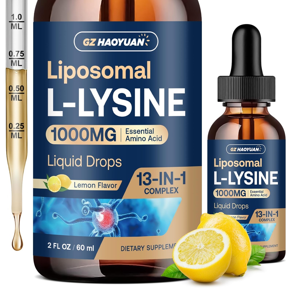 Lipozomální L- lysin 1000MG kapalné kapky, 13- in-1 Lysinové doplňky - Monolaurin, Olive Leaf Extract s vitaminem C, B6, D3, B12 & zinek pro kolagen, Lip, kůže a imunitní podpora pro děti a dospělé, 2oz