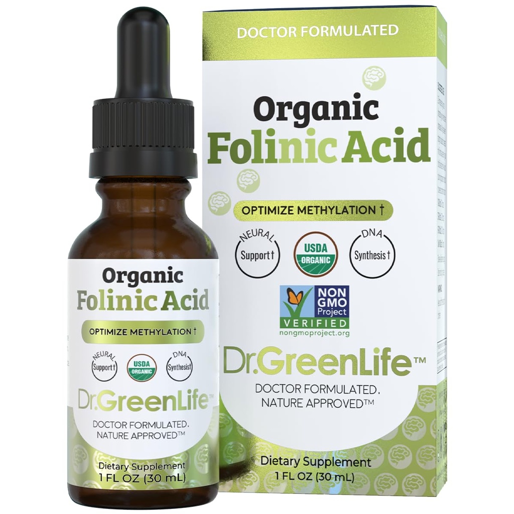 Dr. Green Mom USDA Organic Folinic Acid Drops - 500 mcg na kapku 124; Metylační podpora B9 Doplňky pro děti a dospělé 124; Podporuje neurologické funkce, nervový systém zdraví a DNA Syntéza