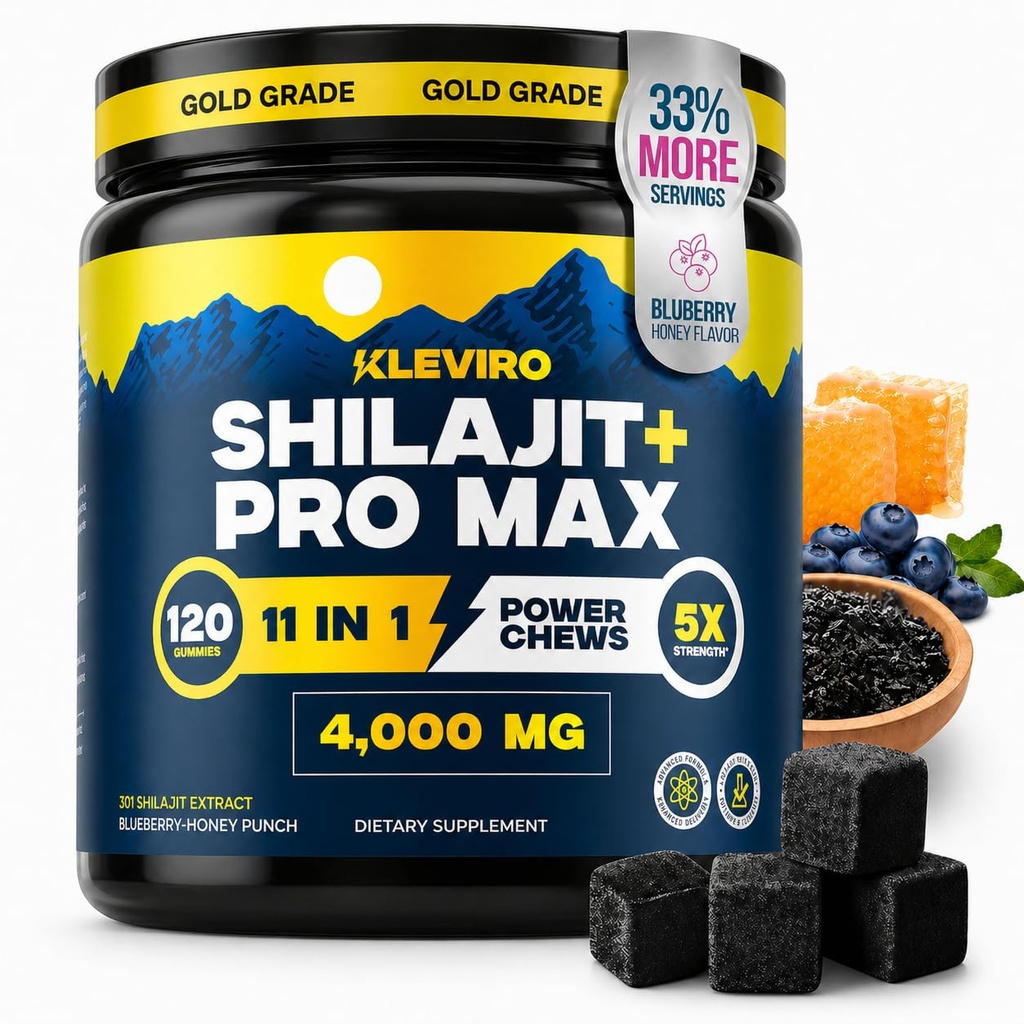 KLEVIRO 30: 1 Shilajit Gummies pro muže CARL 124; 78% Fulvic Acid CARL 124; 11- in-1 Complex with Ashwagandha, Tongkat Ali, Manuka Honey, Rhoddiola, Lion 's Mane CARL 124; No Add Sugar CARL 124; GMP Certified & Lab Tested