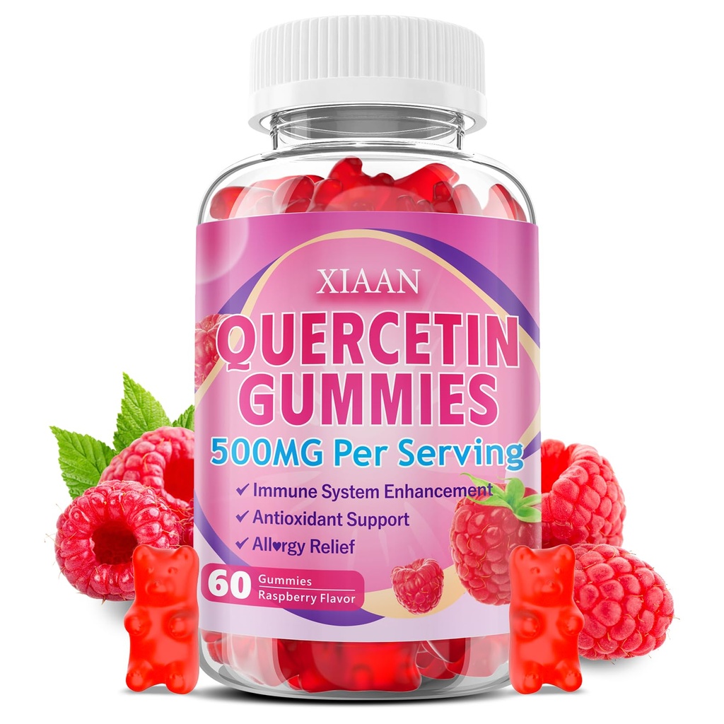 Quercetin Gummies 500 mg pro děti a dospělé, organické Quercetin doplňky s Bromelain zink vitamin C a D3 podpora antioxidant & imunitní systém zdraví, Malina Flavor 60 Počet