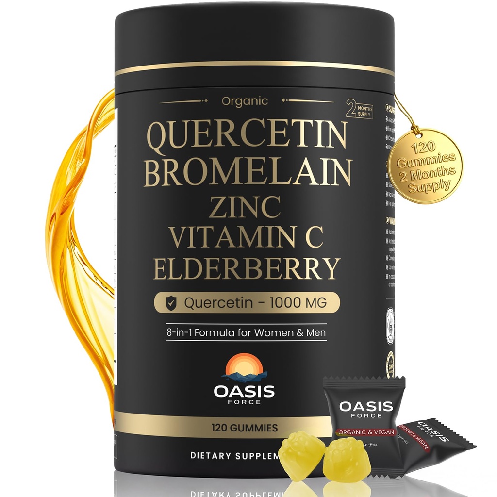8-in-1 Quercetin s Bromelain Gummies 1000mg, High Potency Organic Quercetin dodatek s zinek & vitamín C, Elderberry, Sezónní Wellness & Imunní podpora, Vegan, Cukr zdarma, 120 Gummies