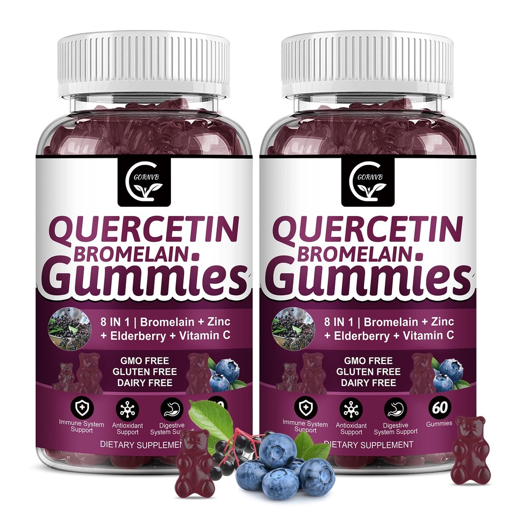 (2 Pack) Quercetin Gummies - Quercetin s Bromelain 2378mg - Blend s Elderberry, Echinacea Purpurea Extract, Zinek, Vitamin C, D3, K2, Komplexní podpora imunitní, kardiovaskulární a respirační funkce
