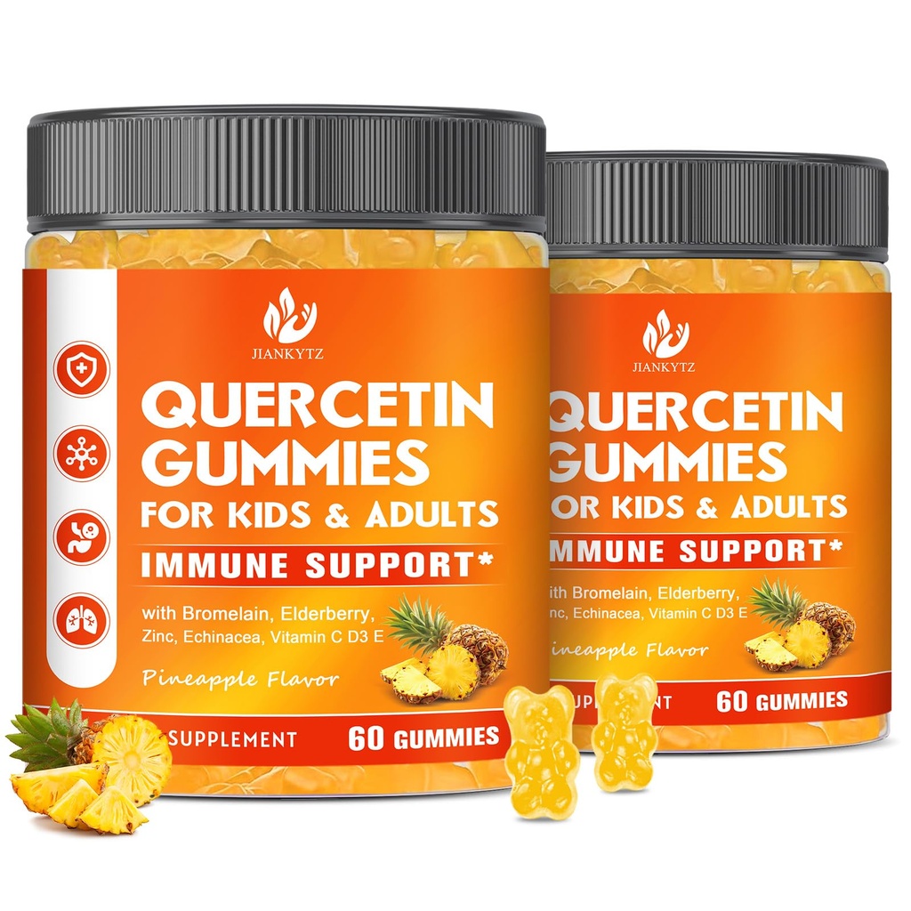 (2 Pack) Cukr zdarma Quercetin s Bromelain Gummies pro děti a dospělé - imunitní, antioxidant, Sezónní podpora, 1000mg Quercetin doplňky s Bromelain, zinek, bezinky, vitamin C D3 E, 120 Počet