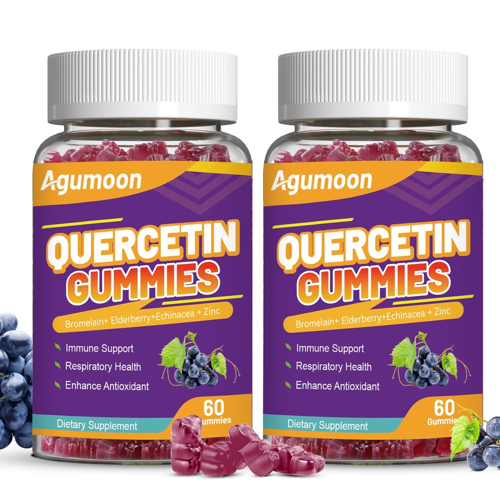 2 Pack Quercetin Gummies, 1000mg Quercetin s Bromelain zink Elderberry, Imunitní a antioxidant Support, Vegan Gummies pro dospělé a děti, 120 Počet