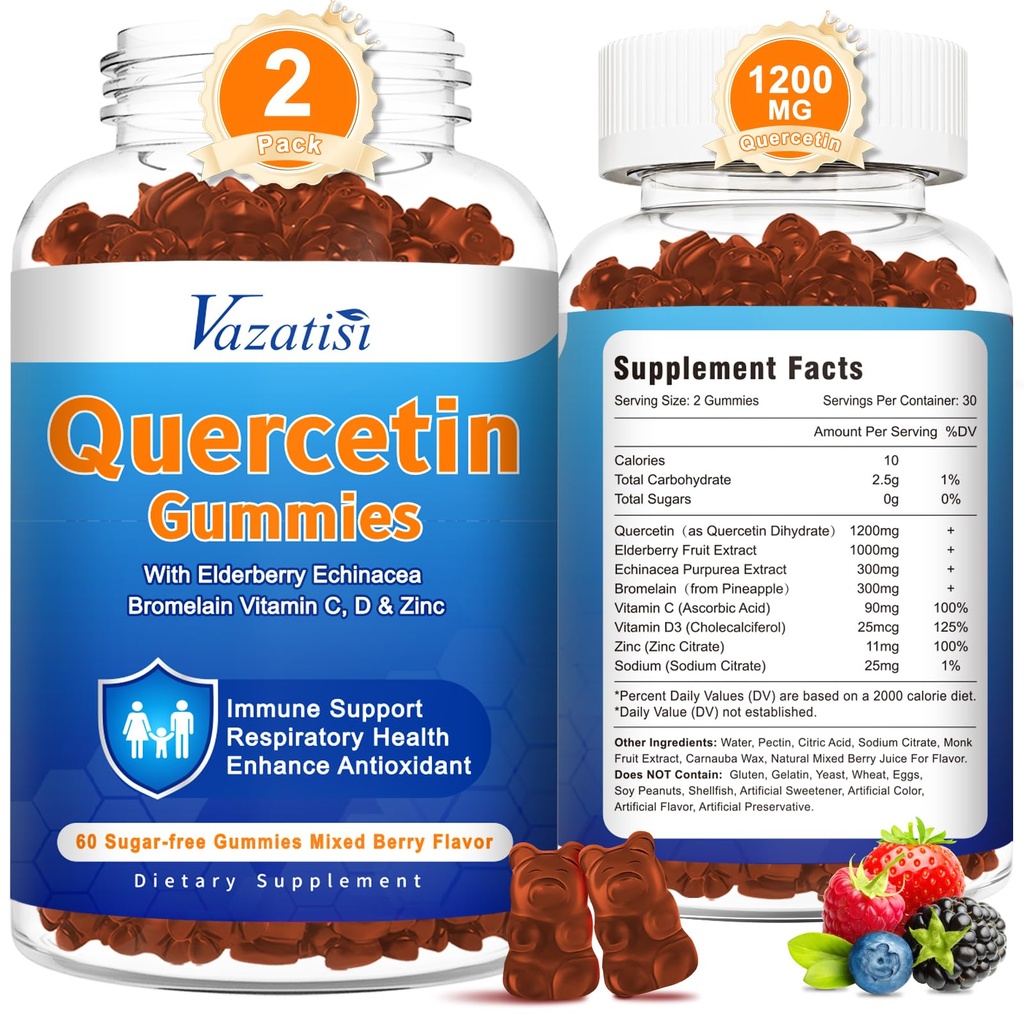 2 balení Quercetin s bromelainovými žvýkačky, Quercetin s vitaminem C zinek & bezinky pro imunitní systém & alergie, Žvýkací a Veganové gumové, Smíšené Berry Flavor 120 Cts