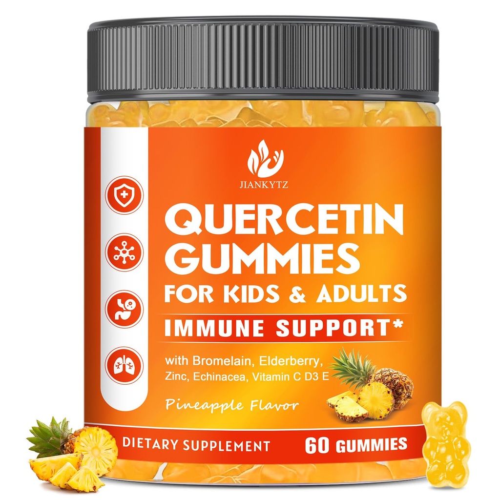 Sugar Free Quercetin s Bromelain Gummies for Kids & Adult - imunitní, antioxidant, Sezónní podpora, 1000mg Quercetin Doplňky s Bromelain, Zinek, Elderberry, Vitamin C D3 E, Vegan, 60 Počet