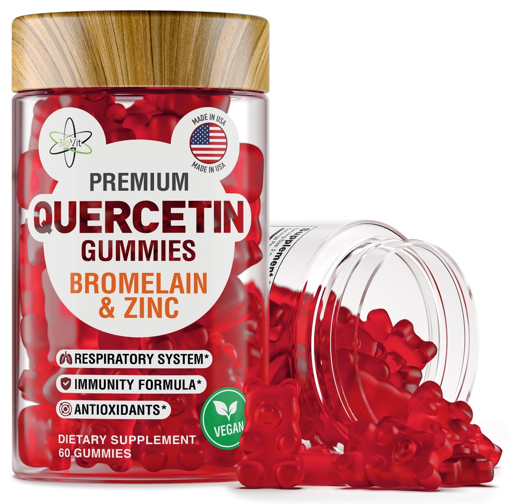 BioVit Quercetin Gummies 500MG - Aktivovaný Quercetin pro děti a dospělé imunitní systém a alergie - Žvýkací s bromelainem, zinem, vitaminem C, vitaminem D3 - Vyrobeno v USA - 60 Veganských gumových medvídků
