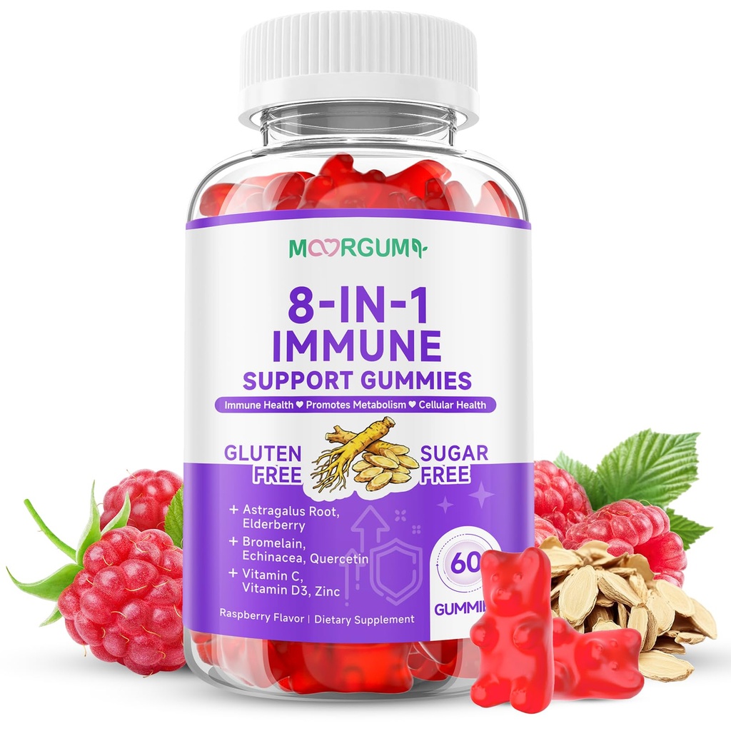 Imunitní Support Gummies - 8- in-1 Vzorec Bylinné doplňky s Astragalus, Elderberry, Quercetin, Bromelain, Echinacea, Vitamin C, D3 a zinek pro každodenní rovnováhu, Malina Flavor, 60 Počet